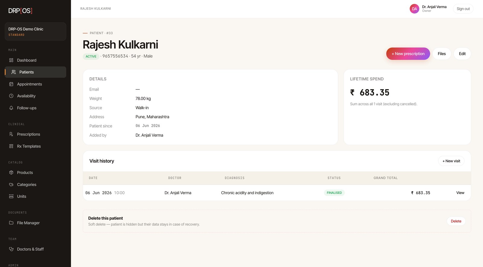 Customer profile view with history and portal access