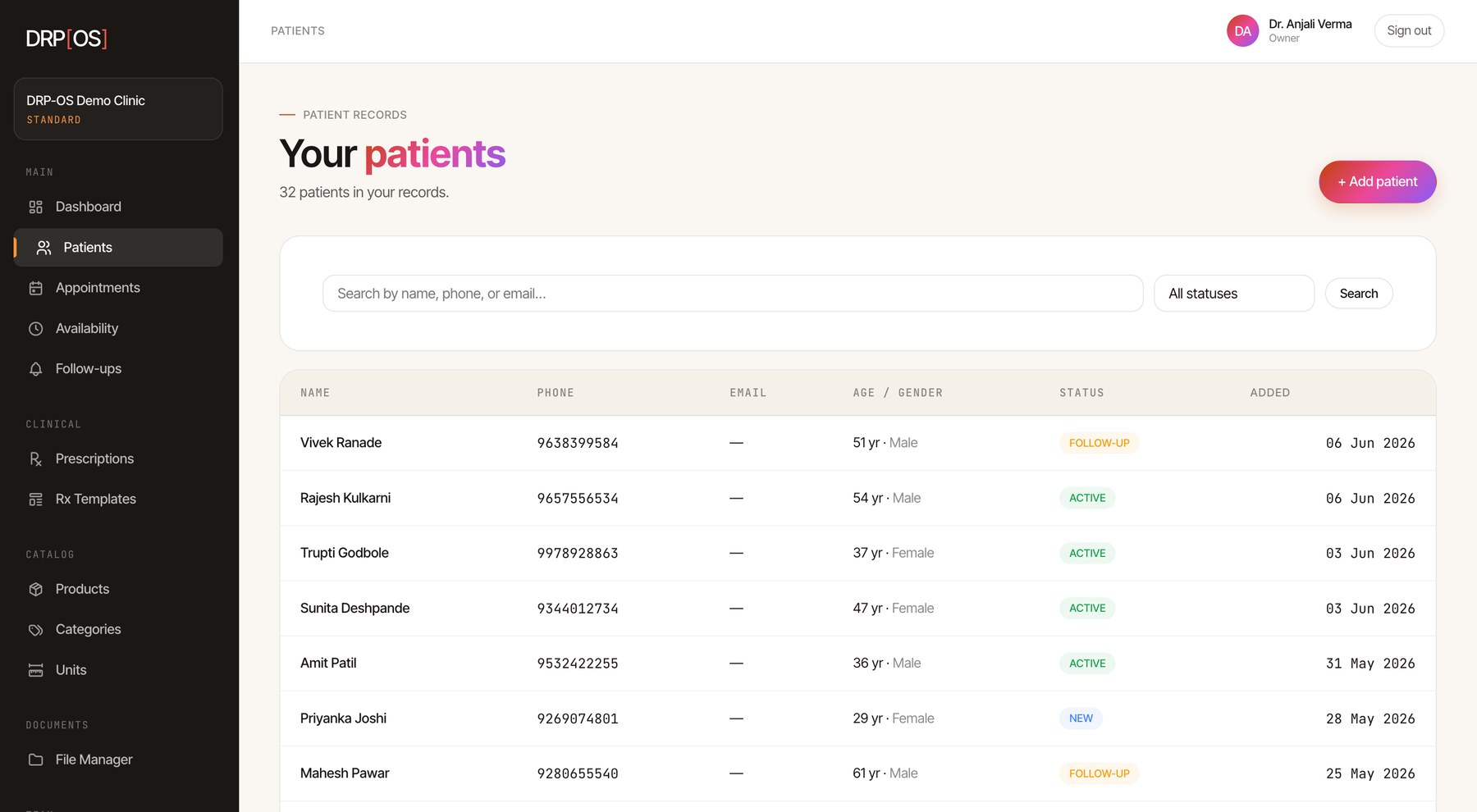 DRP-OS patient management showing 10,000+ records with revenue tracking